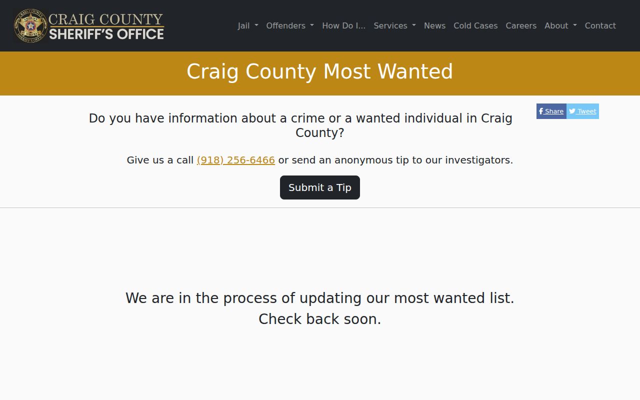 Craig County warrant records Most Wanted search box